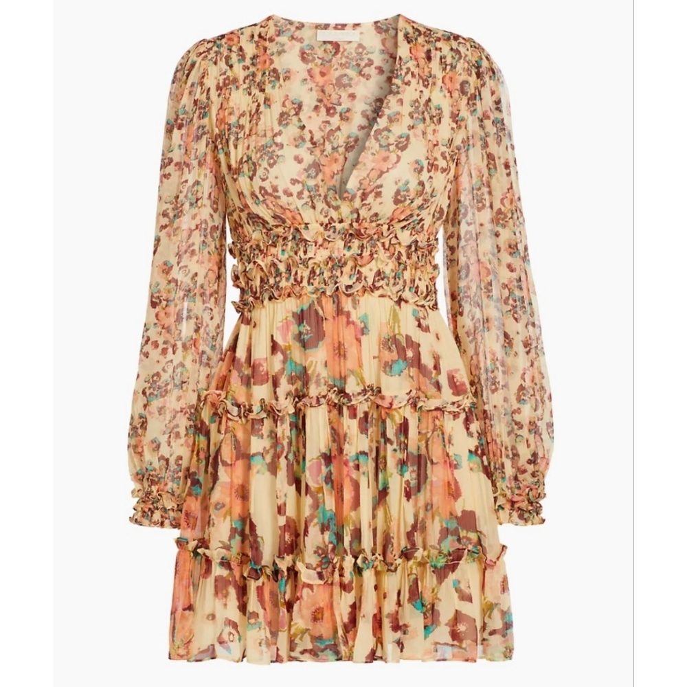 NWT Ulla Johnson Lya Watercolor Floral Crinkle Chiffon Dress